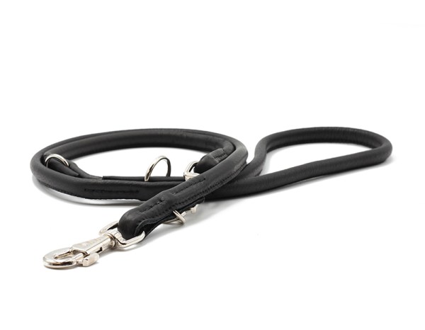 Leather leash round stitched black-silver 2m